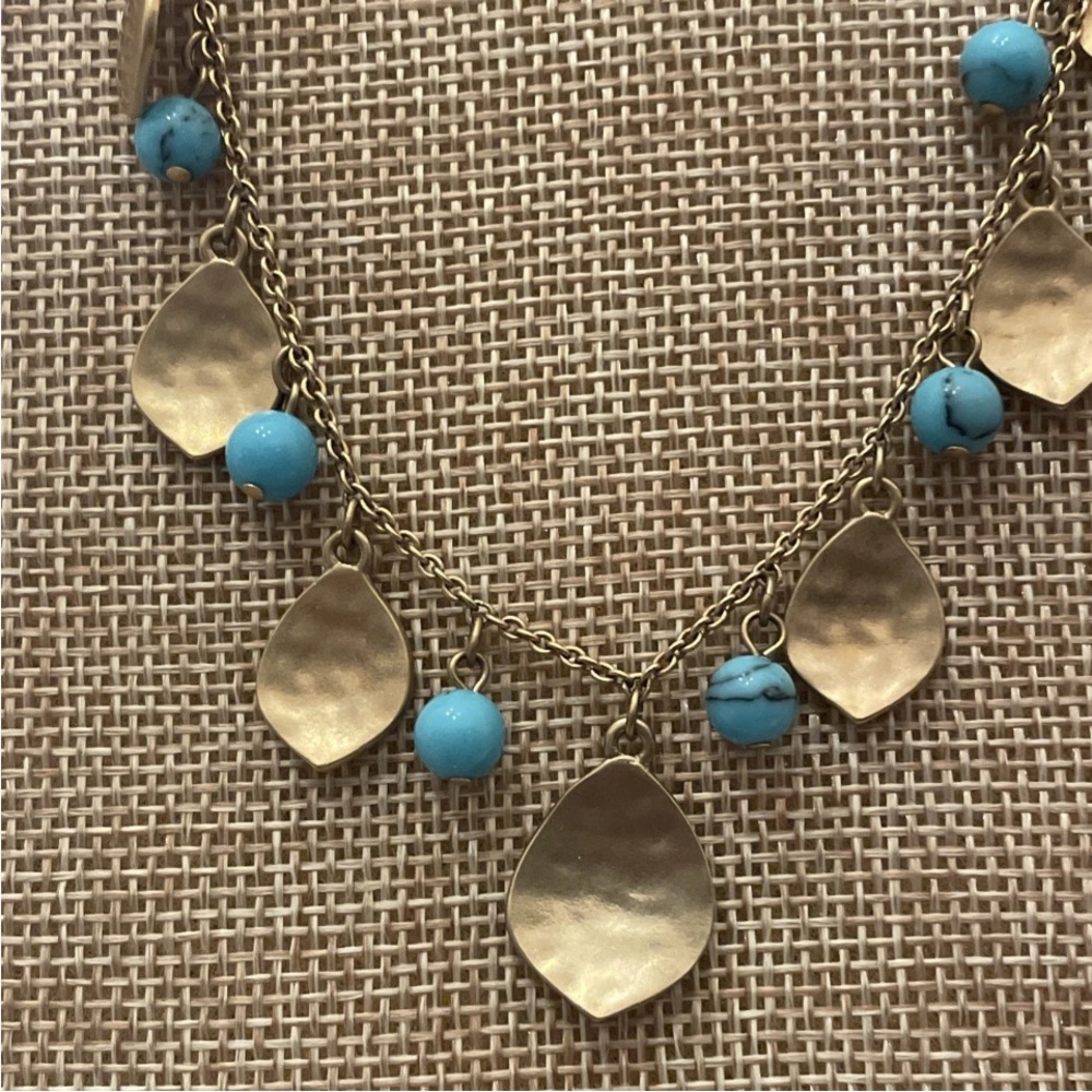 RALPH LAUREN SIGNED BRASS/TURQUOISE 20” DAINTY LEAF NECKLACE NICE #1